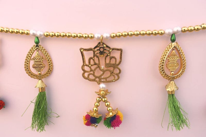 CREYENTES Handmade Fine Art Multi Zula Jummar Pearl Plastic Beads Door HangingBandarwalToran Garlands for HouseMandirTemple Decorations 3 Feet Ganesh GOL Kalash_Latkan - Image 4