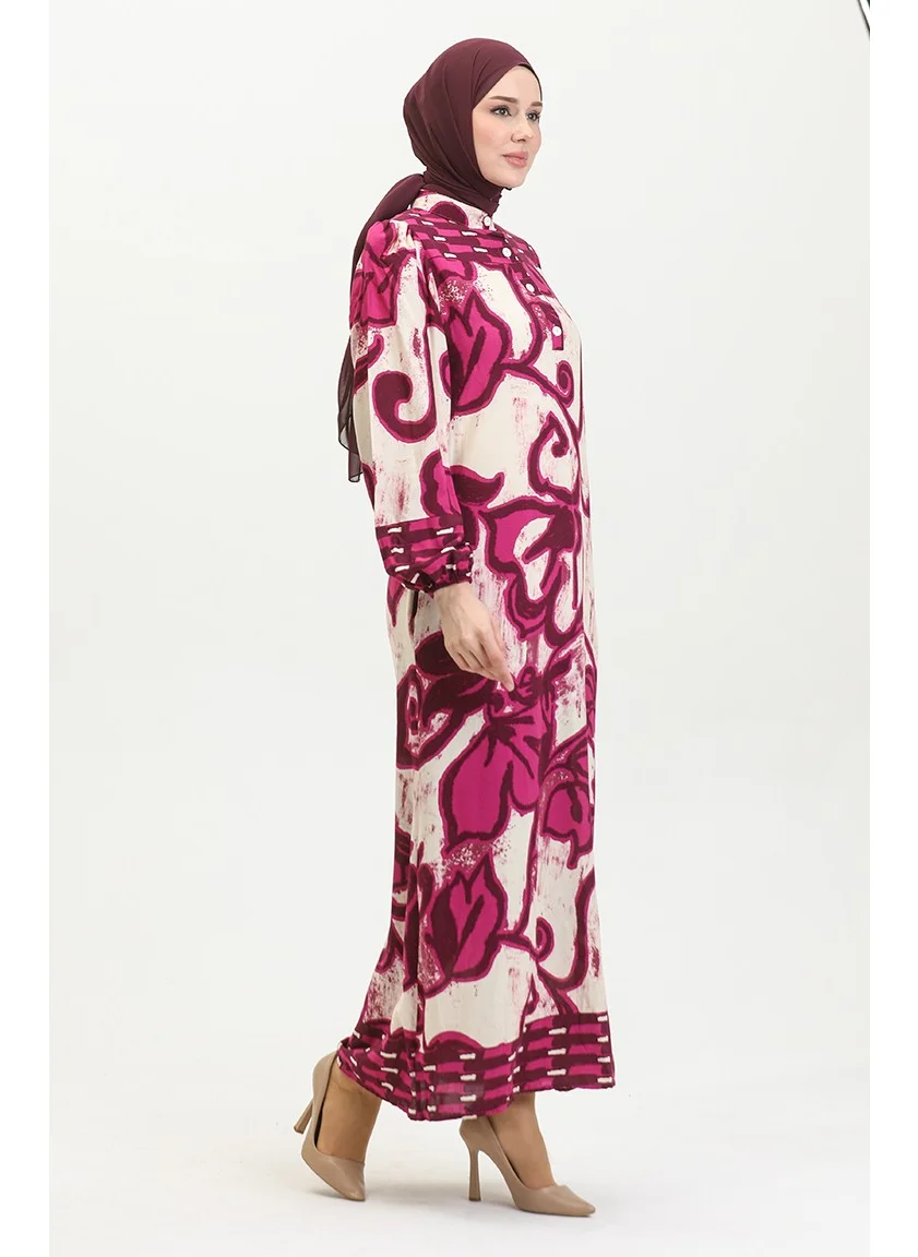 Sefa Merve Viscose Color Garnished Half Button Dress 0396-02 Fuchsia Beige