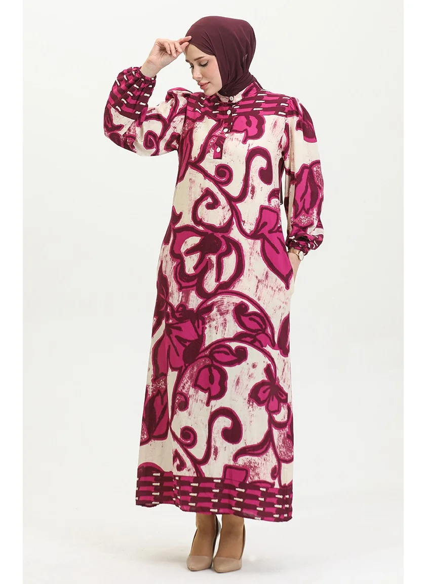 Sefa Merve Viscose Color Garnished Half Button Dress 0396-02 Fuchsia Beige