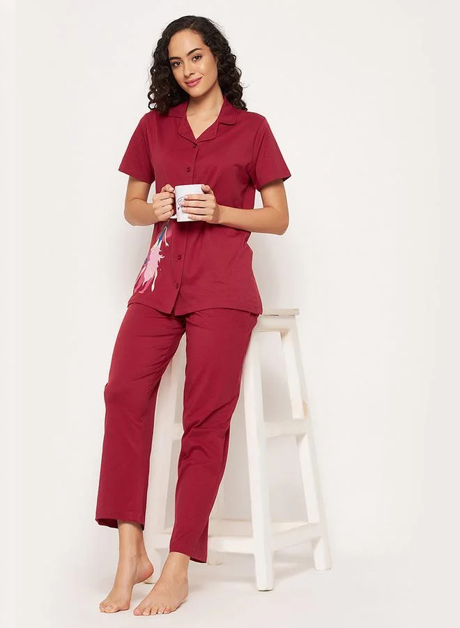 Clovia Cotton Girl Graphic Collared Shirt & Pyjama Set by Styli