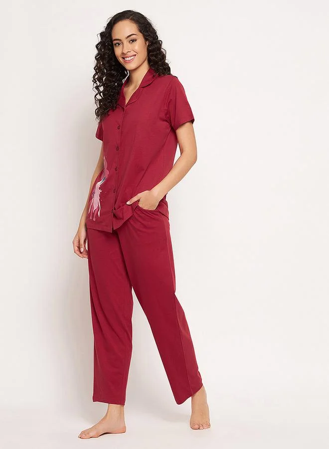 Clovia Cotton Girl Graphic Collared Shirt & Pyjama Set by Styli