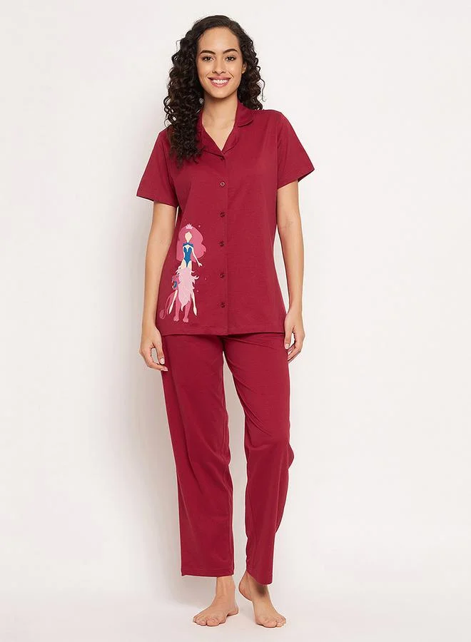 Clovia Cotton Girl Graphic Collared Shirt & Pyjama Set by Styli