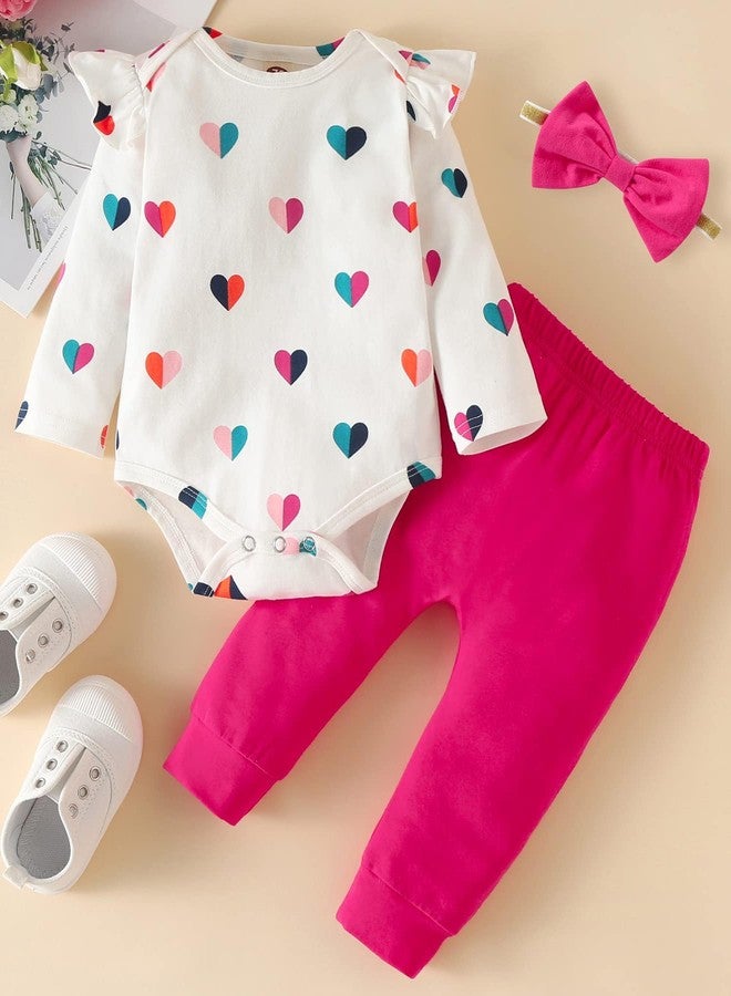 Fullfamous Baby Girl's 3pc Frill Long Sleeve Romper and Pant Set, Raspberry Heart, 3-6 Months - Image 2