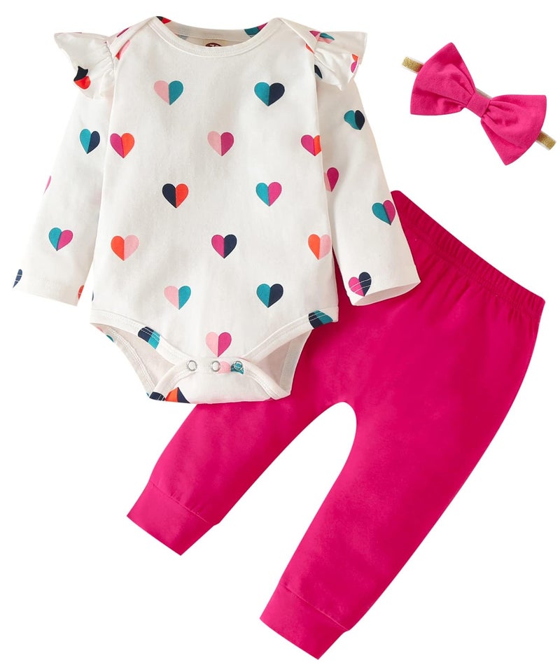 Fullfamous Baby Girl's 3pc Frill Long Sleeve Romper and Pant Set, Raspberry Heart, 3-6 Months - Image 1