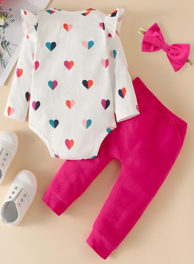 Fullfamous Baby Girl's 3pc Frill Long Sleeve Romper and Pant Set, Raspberry Heart, 3-6 Months - Image 3