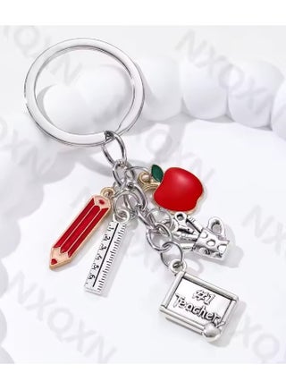 Enamel Alloy Keychain for Teachers, Classic Apple Pencil Ruler, Good Gift, Keyring Ornament, Teacher's Day, Handmade Jewelry