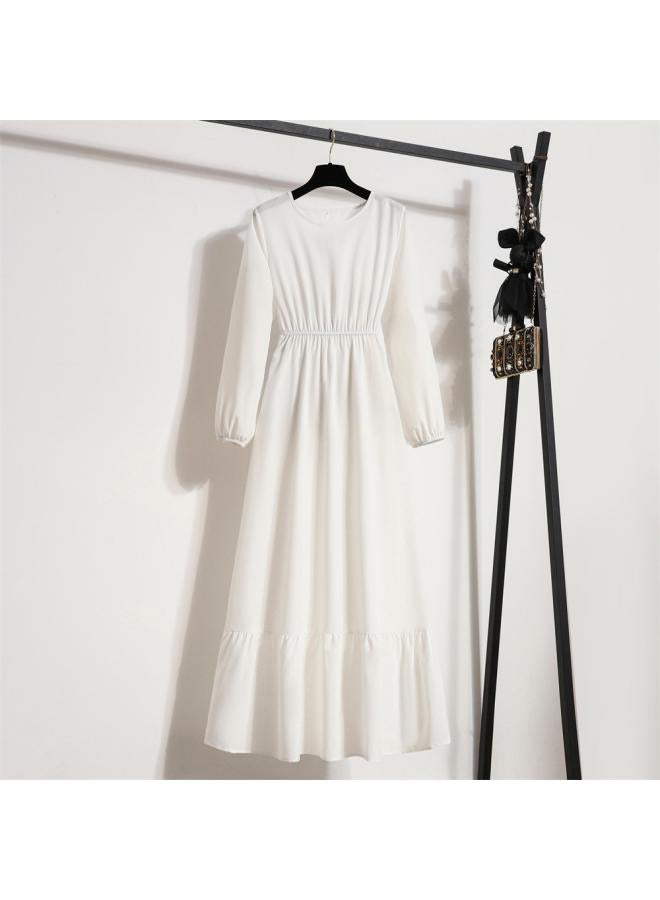 Women's New Dress Solid Color Pullover Long Sleeve Waist A- Line Dress 