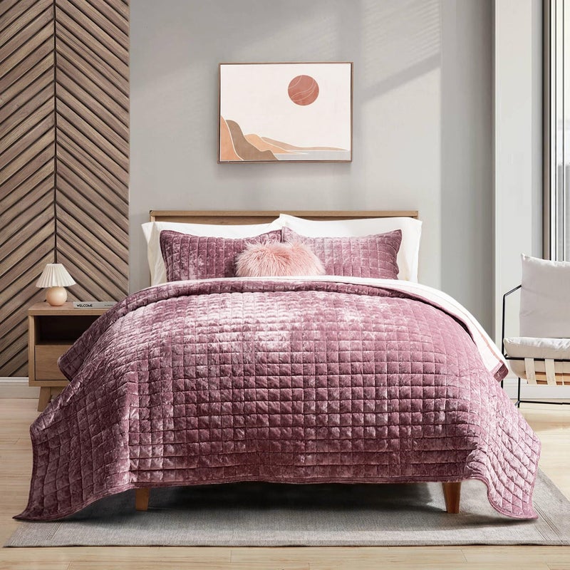 RECYCO Luxury Velvet Quilt Set Full Queen Size Lightweight Velvet Comforter Set Oversized Bedspread Coverlet Quilted Bedding Set with 2 Matching Pillow Shams for All Season Dusty Mauve Pink