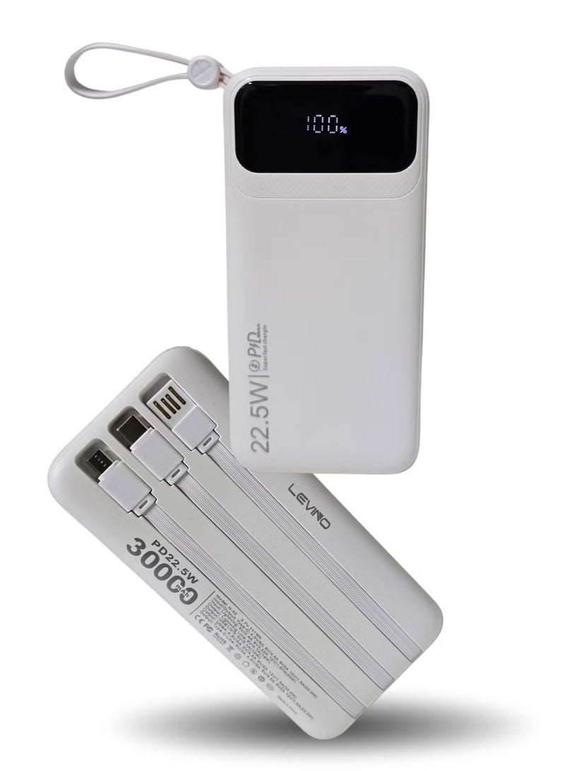 LEVINO Ultra-High Capacity 30000mAh Power Bank with 22.5W Super Fast Charging – 4 USB & 2 Type-C Ports, Smart Digital Display, Multi-Device Compatibility, Advanced Safety Features – Includes Type-C, Lightning & USB Cables – White - Image 1