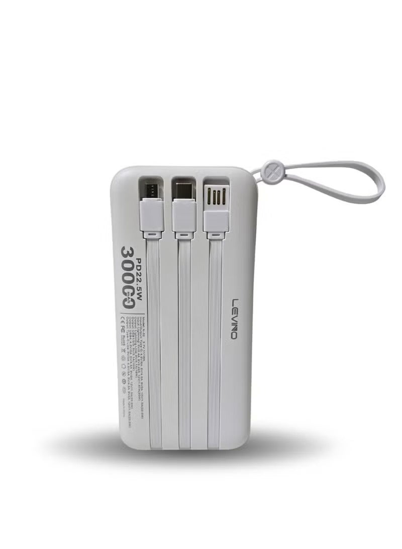 LEVINO Ultra-High Capacity 30000mAh Power Bank with 22.5W Super Fast Charging – 4 USB & 2 Type-C Ports, Smart Digital Display, Multi-Device Compatibility, Advanced Safety Features – Includes Type-C, Lightning & USB Cables – White - Image 2