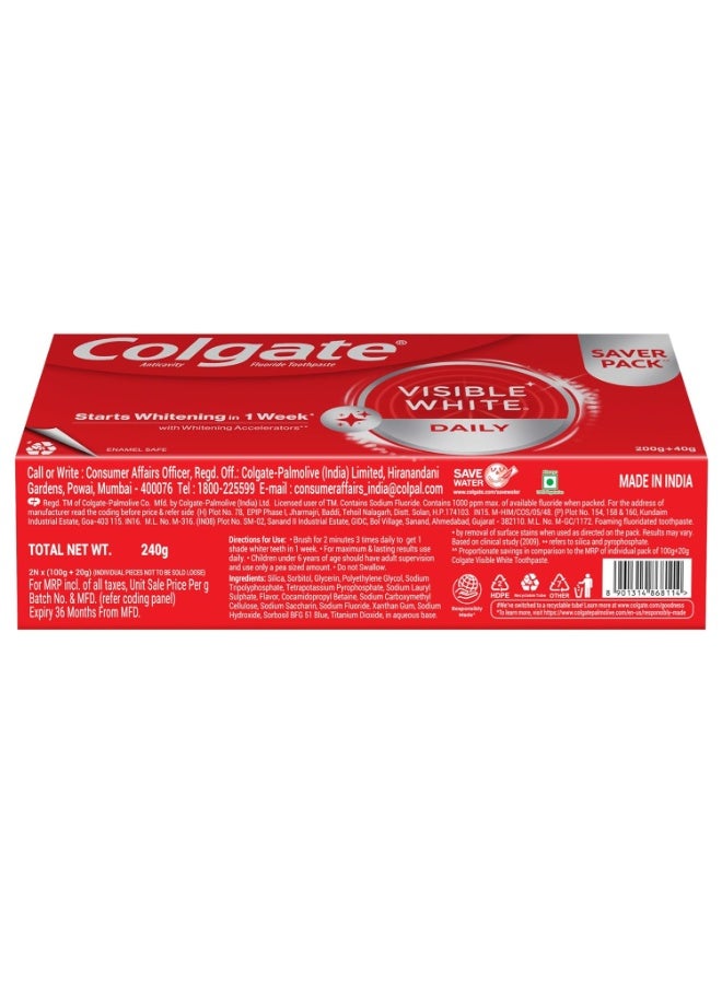 كولجيت معجون أسنان كولجيت فيزيبل وايت، تبييض الأسنان يبدأ في أسبوع واحد، آمن على المينا، معجون أسنان مزيل للبقع ونكهة النعناع لنفس منعش (200 جرام + 40 جرام، عبوة كومبو) - Image 2