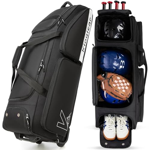 Kioqiear Catchers Gear Bag with Wheels for 4 Bats, Rolling Baseball Softball Bag With Multi-Pockets, Fence Hook, Holds All Baseball Equipment. (Black) - Image 1