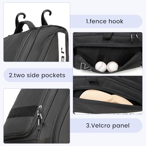 Kioqiear Catchers Gear Bag with Wheels for 4 Bats, Rolling Baseball Softball Bag With Multi-Pockets, Fence Hook, Holds All Baseball Equipment. (Black) - Image 5