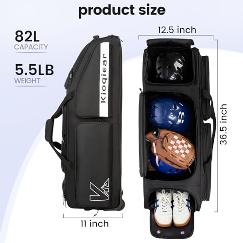 Kioqiear Catchers Gear Bag with Wheels for 4 Bats, Rolling Baseball Softball Bag With Multi-Pockets, Fence Hook, Holds All Baseball Equipment. (Black) - Image 4