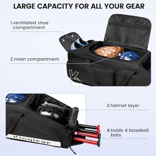Kioqiear Catchers Gear Bag with Wheels for 4 Bats, Rolling Baseball Softball Bag With Multi-Pockets, Fence Hook, Holds All Baseball Equipment. (Black) - Image 2