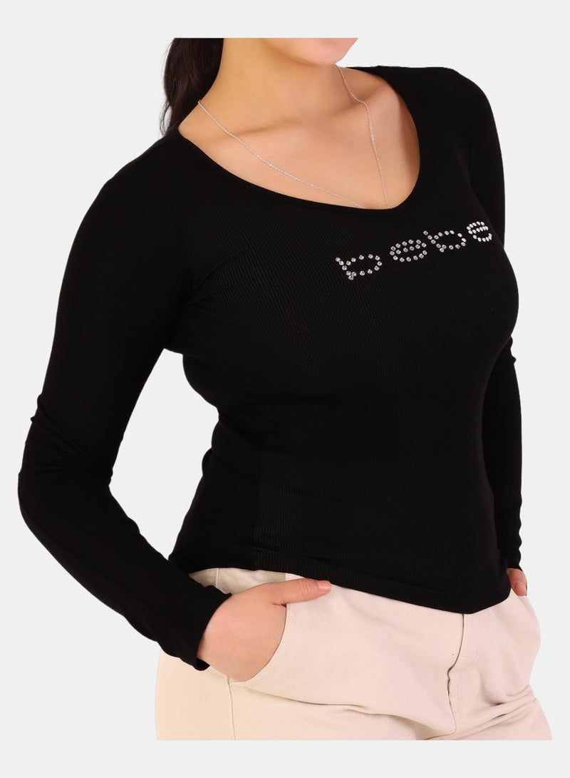 Bebe Rhinestone Embellished Long Sleeve Top - Image 1