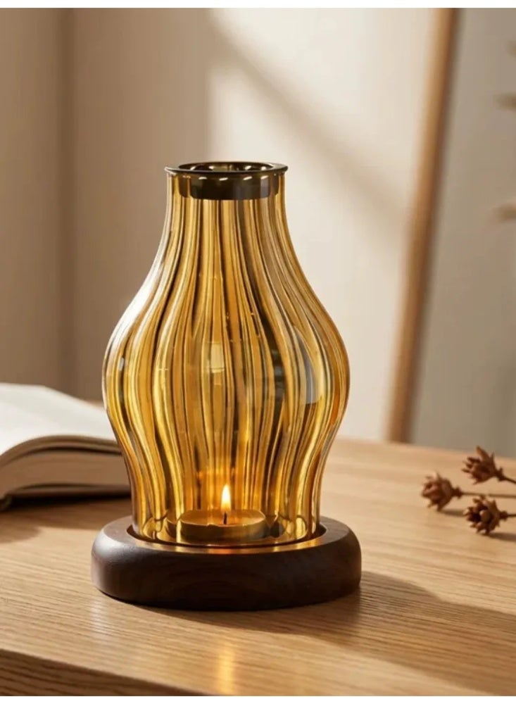مبخرة عطر زجاجية مخططة رأسية عتيقة بقاعدة خشبية، مصباح عطر لعود والبخور والصندل، ديكور عطري للمنزل وغرف النوم