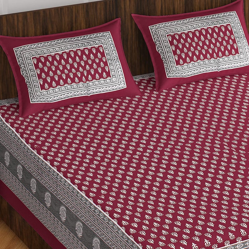 BedZone 100 Cotton Rajasthani Jaipuri Traditional Floral King Size Double Bedsheet with 2 Pillow Covers Multicolor Bedsheets 50