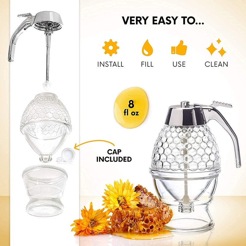 YESVIYA YESVIYA Honey Dispenser - Maple Syrup Dispenser Glass Honey Pot Gravy Boats Beautiful Comb Shaped Honey Pot with Stand, 250 ml - Image 5