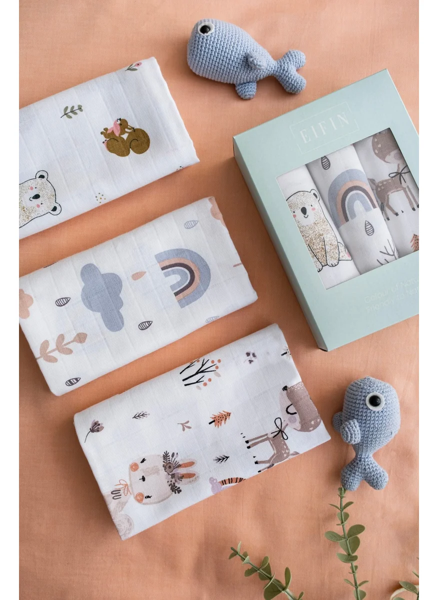 EIFIN Multi-Purpose Muslin Blanket & Cover Set of 3 Printed 100% Cotton Oeko-Tex Certified Boxed