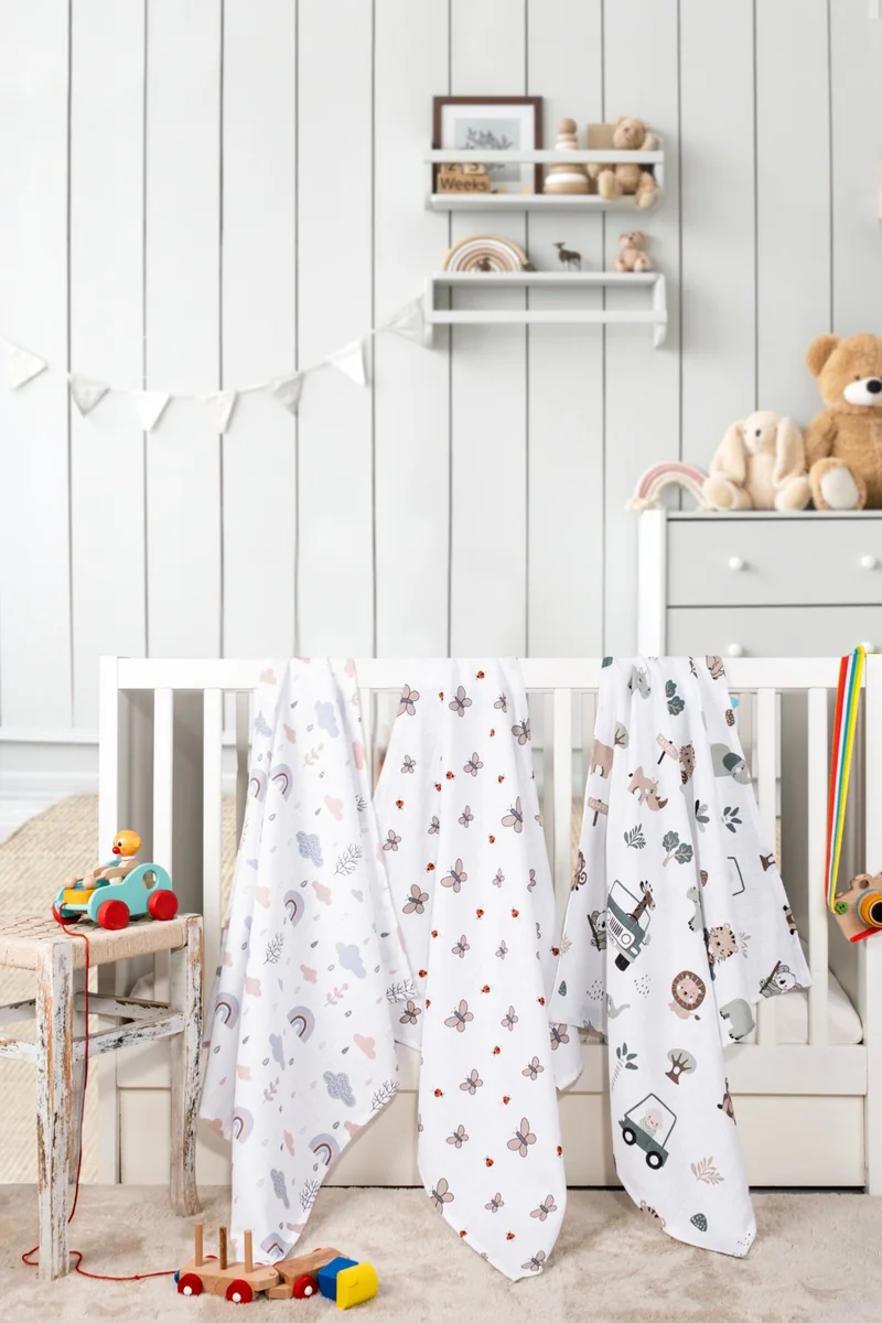 ايفين Multi-Purpose Muslin Blanket & Cover Set of 3 Printed 100% Cotton Oeko-Tex Certified Boxed