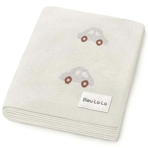 Bleu La La Knit Baby Blanket for Girls and Boys 100% Cotton Buttery Soft Cozy Receiving Swaddle Stroller Blanket for Shower Gift Registry for Newborns, Infants, Toddlers (Cars - Cream) - Image 1
