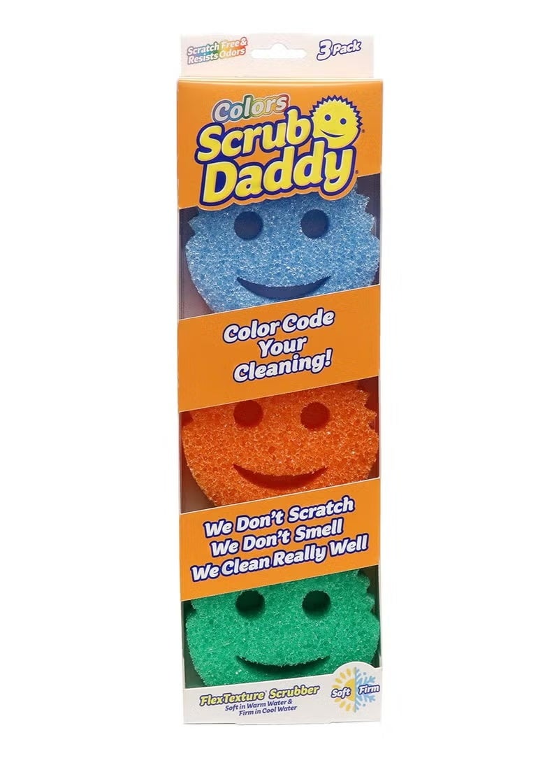 سكراب دادي Scrub Daddy عبوة إسفنج Scrub Daddy الملون (3 قطع) – إسفنجة تنظيف بتقنية FlexTexture للأطباق وأدوات المطبخ؛ مقاومة للروائح ولا تسبب خدوشاً. أداة تنظيف متعددة الأسطح تجمع بين الملمس الناعم والقوي. - Image 1