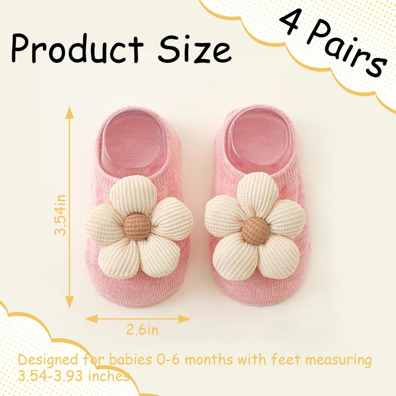 Nirvany 4 Pairs Baby Girl Ankle Socks, Non-Slip Low Cut Floral Socks for Infants, Toddlers & Newborn Girls - Image 4