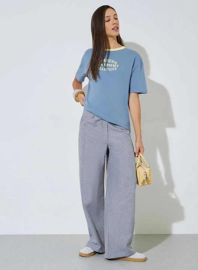 Styli Blue Oversized Slogan Print Cotton T-Shirt