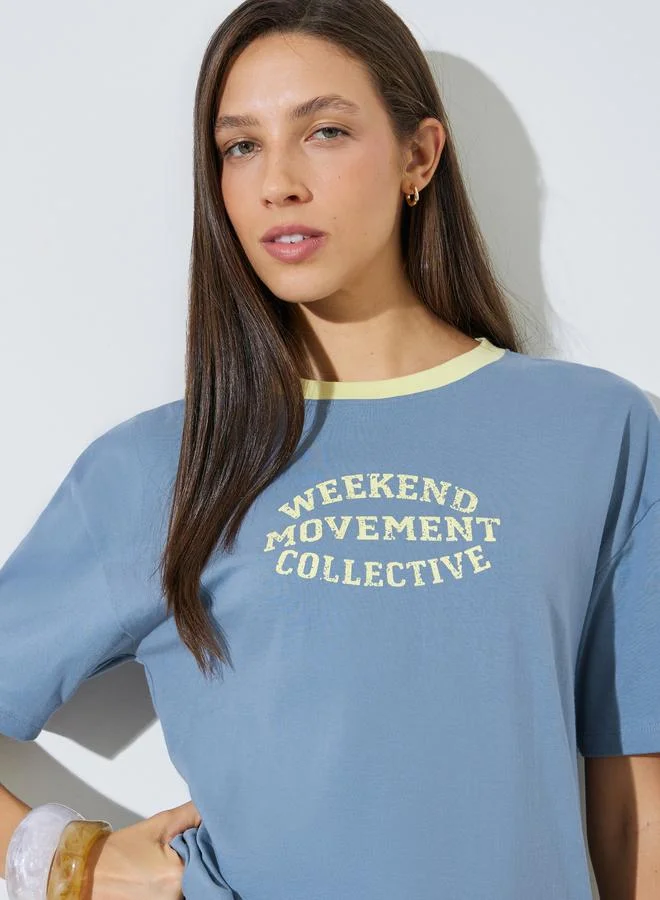 Styli Blue Oversized Slogan Print Cotton T-Shirt
