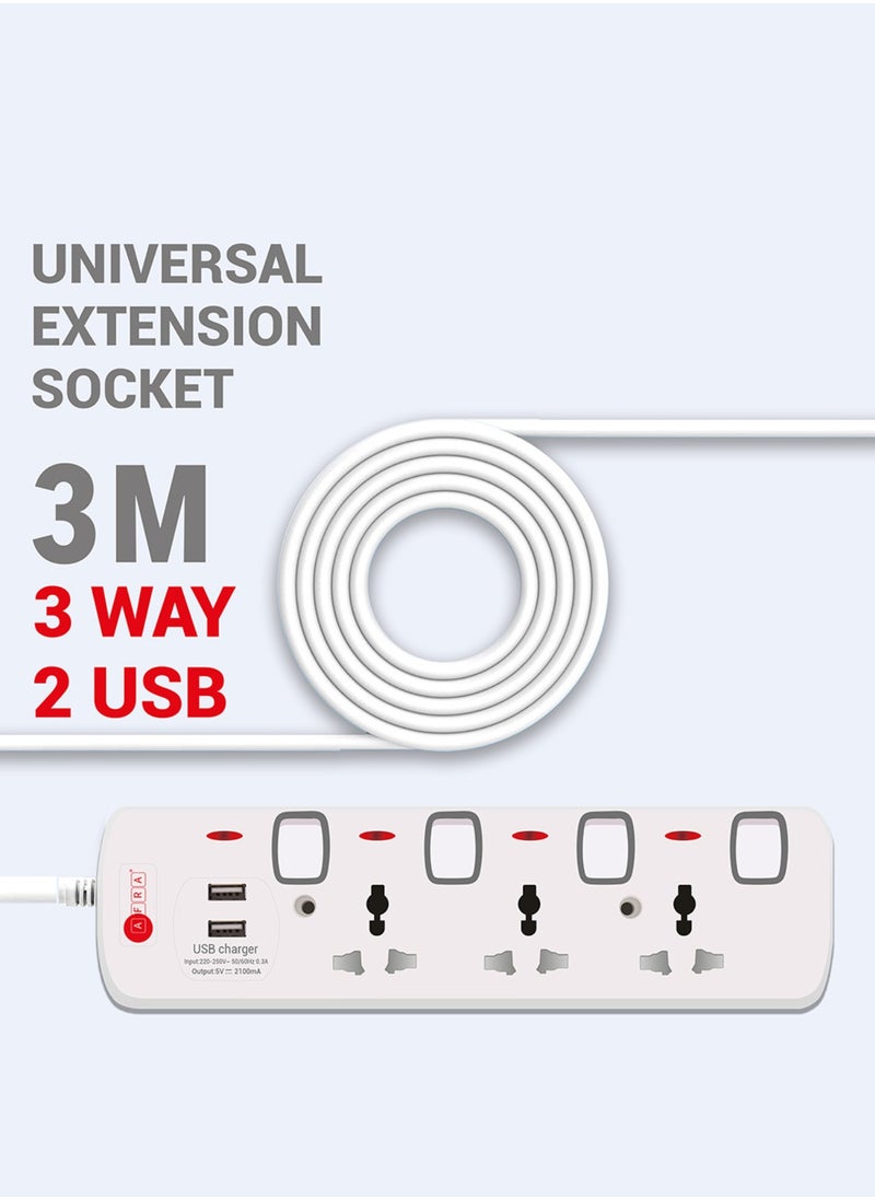 AFRA AFRA Universal Extension Cord, 3Way 2USB 3M, Plastic Housing, Shock proof, 250V, ESMA, Certified, G-mark Approved, AF-004EXGY-USB with 2 Years Warranty,  - Image 1