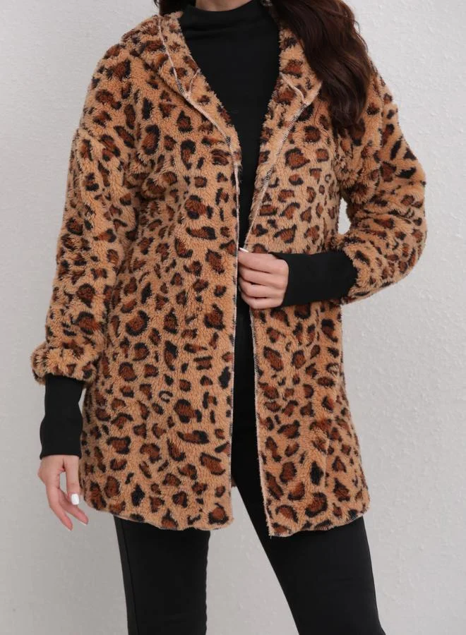 Take Two Take Two Longline Leopard Print Fleece Jacket