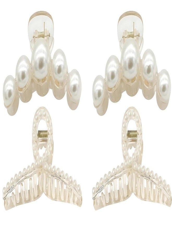 ANNACREATIONS 4 Pcs Korean Fashionable Fancy Stylish Large Pearl Hair Claw Clips Long Hair Jaw Clips Clutches Barrettes Hair Accessories for Women's and Girls, White - Image 1