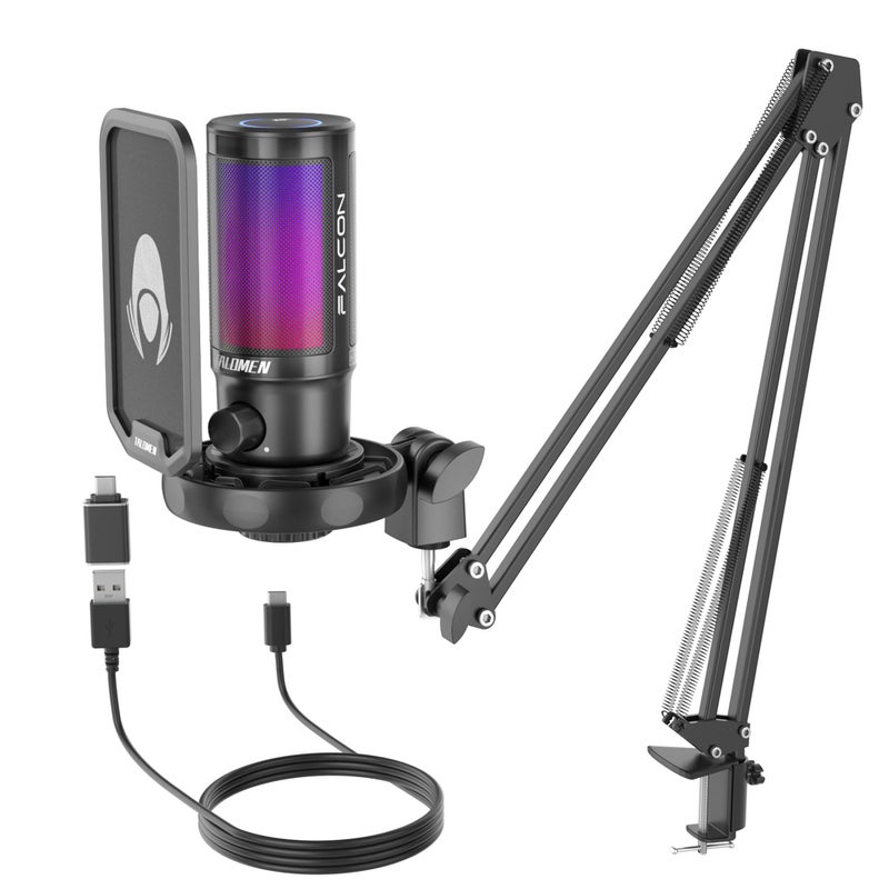talomen Gaming Microphone for PC Computer, USB Streaming Condenser Mic Kit with RGB, Quick Mute, Gain Knob, Boom Arm Stand, Pop Filter for Podcasts YouTube F8S - Image 1