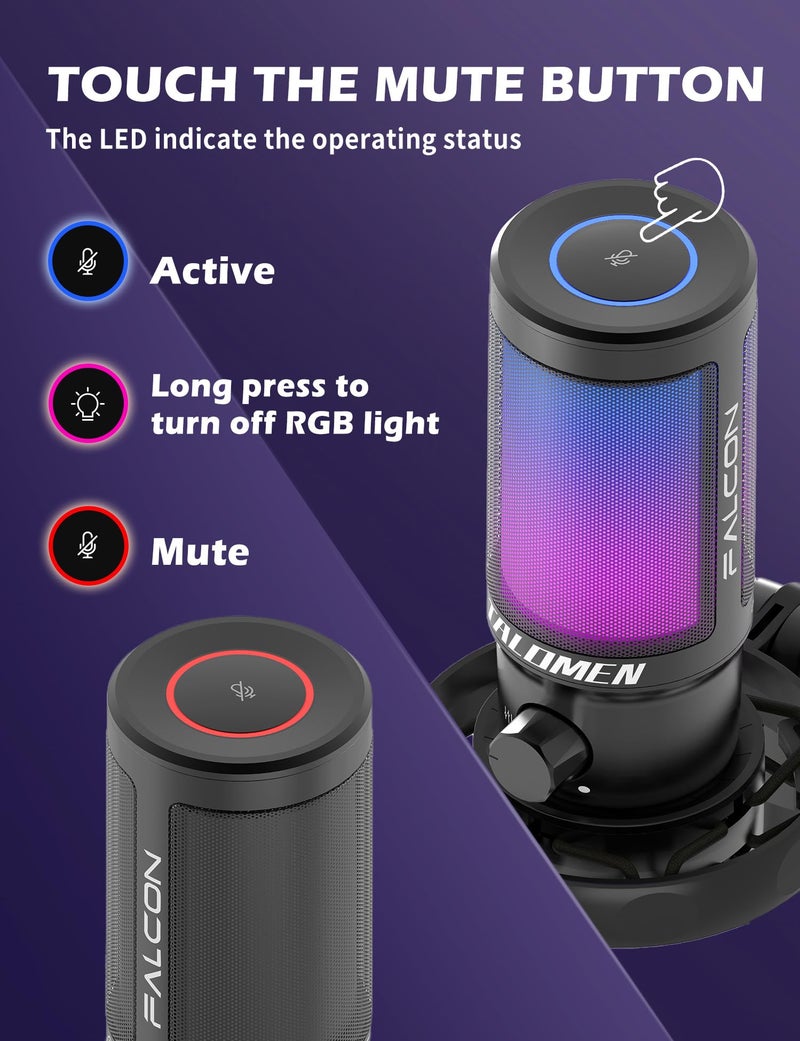 talomen Gaming Microphone for PC Computer, USB Streaming Condenser Mic Kit with RGB, Quick Mute, Gain Knob, Boom Arm Stand, Pop Filter for Podcasts YouTube F8S - Image 3