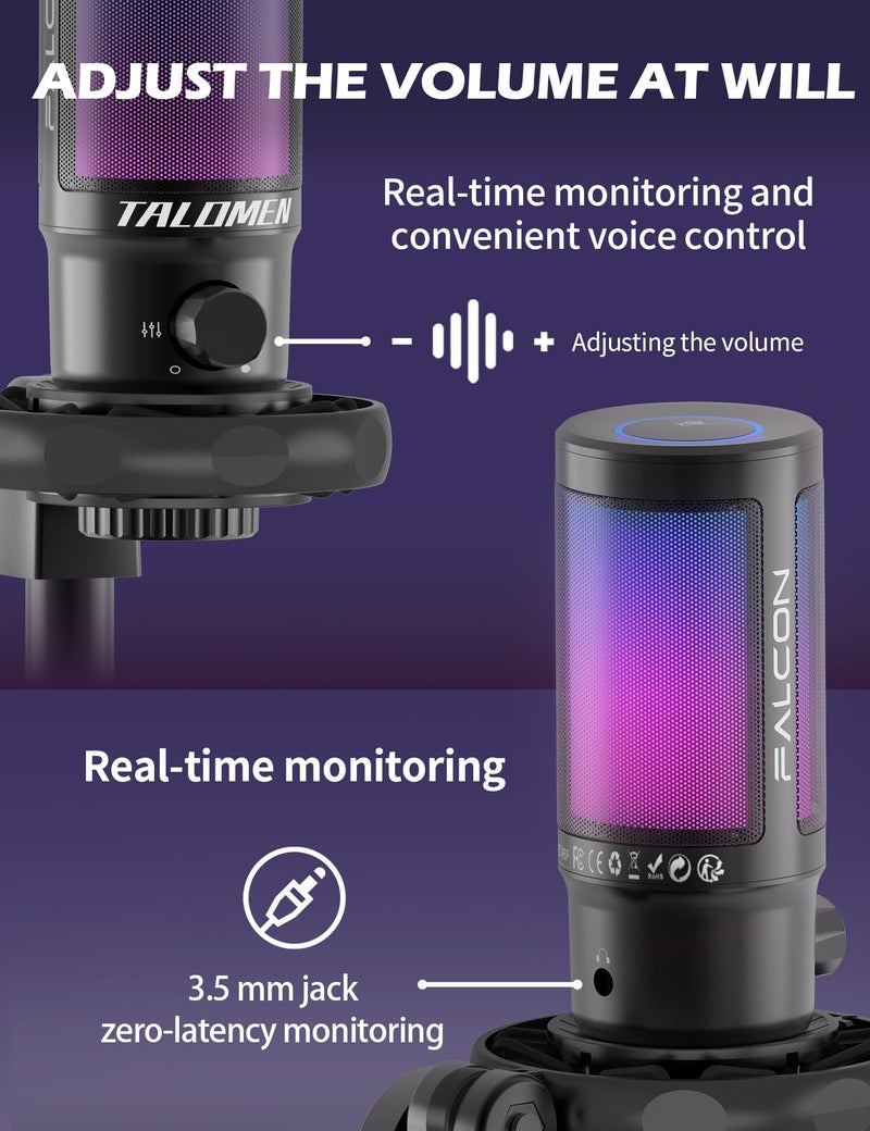 talomen Gaming Microphone for PC Computer, USB Streaming Condenser Mic Kit with RGB, Quick Mute, Gain Knob, Boom Arm Stand, Pop Filter for Podcasts YouTube F8S - Image 4