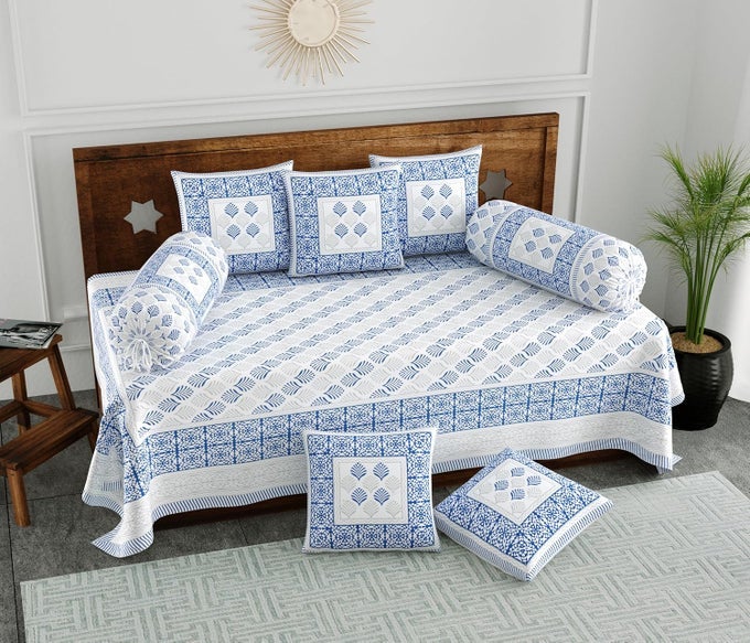 200TC DIWAN SET COTTON 8 PIECE DEEWAN PRINTED BEDSHEET SETS FOR LIVING ROOM HALL SET OF 8 PIECE 1BED SHEET 2BOLSTER COVER 5CUSHION COVER COLOR 19 MULTICOLOR