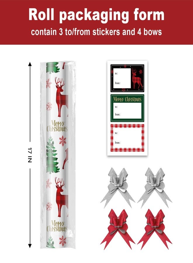 EWES Plaid Christmas Wrapping Paper Rolls Set, Vintage White Aesthetic Heavy Duty Premium Gift Wrap, Retro Pattern with Christmas tree, Reindeer,Red Reversible, Total 28.5sq.ft - Image 2