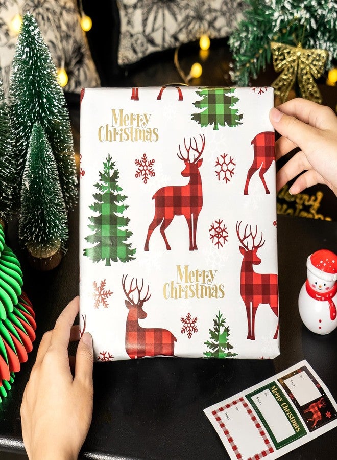 EWES Plaid Christmas Wrapping Paper Rolls Set, Vintage White Aesthetic Heavy Duty Premium Gift Wrap, Retro Pattern with Christmas tree, Reindeer,Red Reversible, Total 28.5sq.ft - Image 3