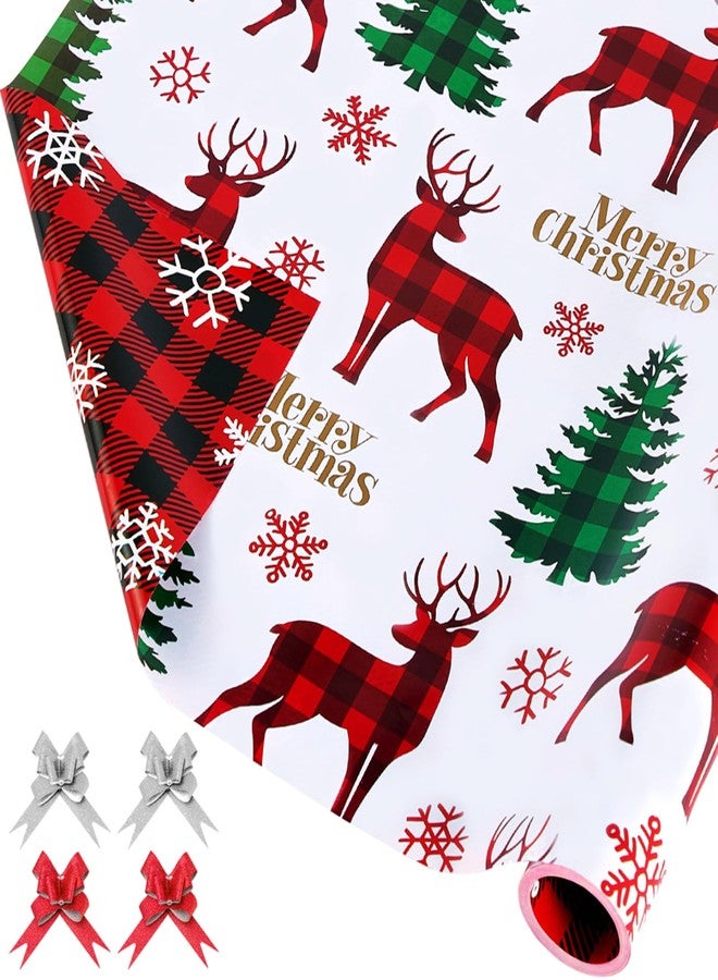 EWES Plaid Christmas Wrapping Paper Rolls Set, Vintage White Aesthetic Heavy Duty Premium Gift Wrap, Retro Pattern with Christmas tree, Reindeer,Red Reversible, Total 28.5sq.ft - Image 1