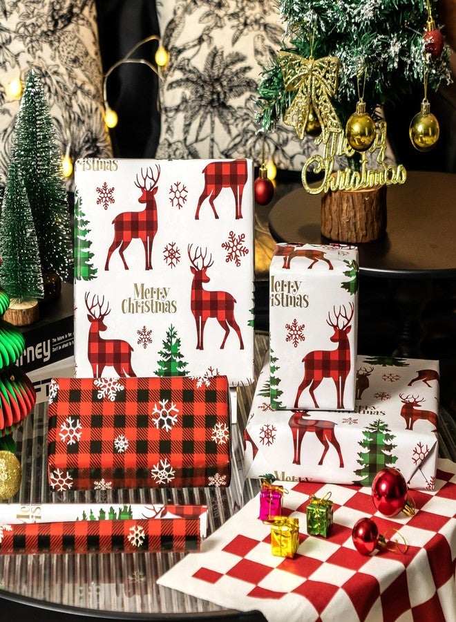 EWES Plaid Christmas Wrapping Paper Rolls Set, Vintage White Aesthetic Heavy Duty Premium Gift Wrap, Retro Pattern with Christmas tree, Reindeer,Red Reversible, Total 28.5sq.ft - Image 4