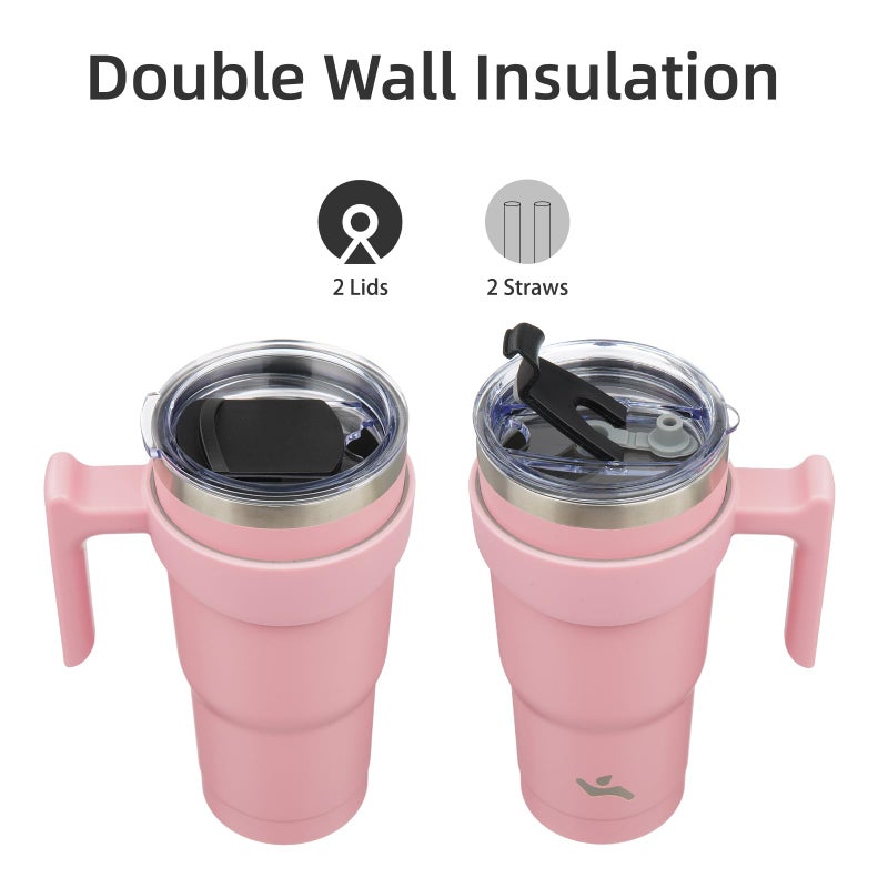 Konokyo 20 oz Tumbler with Handle and 2 Straw 2 Lid, Insulated Water Bottle Stainless Steel Vacuum Cup Reusable Travel Mug, Light Pink - Image 3