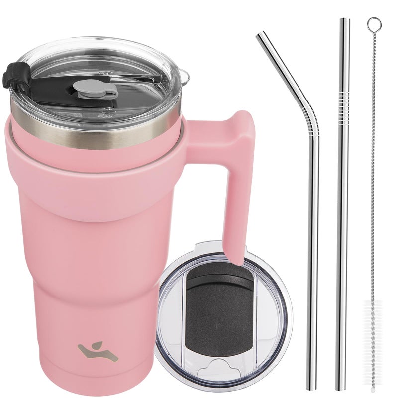 Konokyo 20 oz Tumbler with Handle and 2 Straw 2 Lid, Insulated Water Bottle Stainless Steel Vacuum Cup Reusable Travel Mug, Light Pink - Image 1