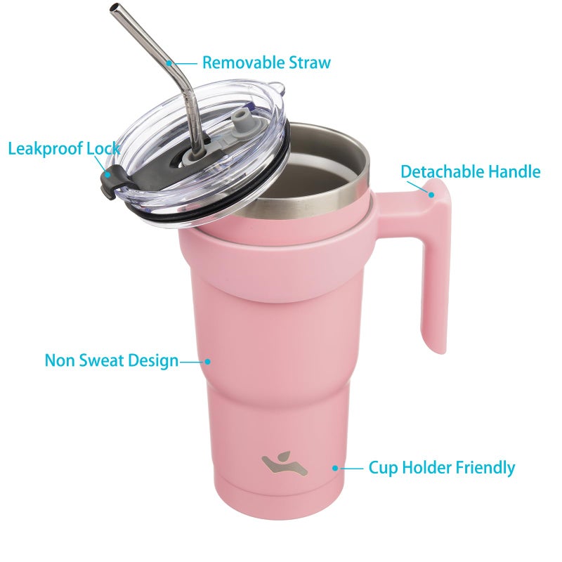 Konokyo 20 oz Tumbler with Handle and 2 Straw 2 Lid, Insulated Water Bottle Stainless Steel Vacuum Cup Reusable Travel Mug, Light Pink - Image 2
