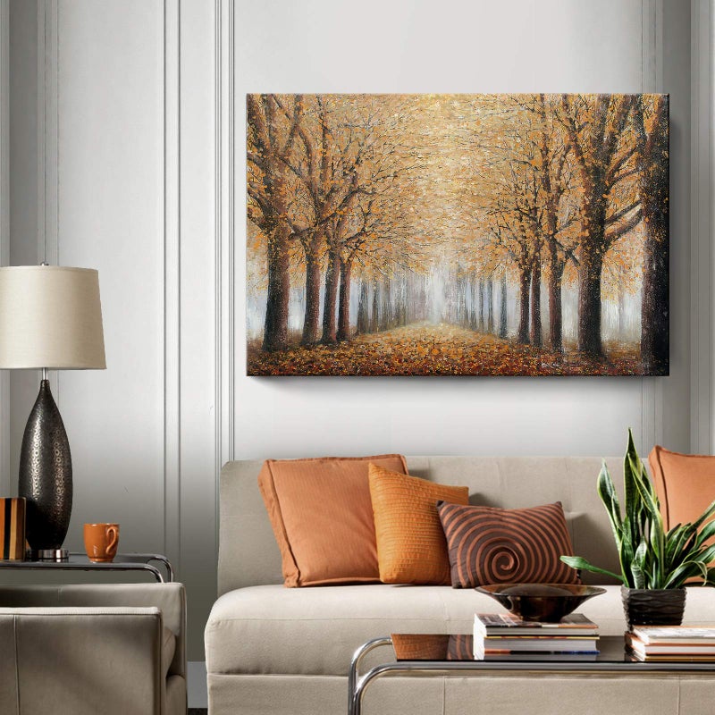 Large Tree Wall Art for Living Room HandPainted Forest Oil Painting Framed Yellow Grove Artwork Autumn Landscape Canvas Picture for Living Room Bedroom Home Decorations Wall Decor Large 48x32