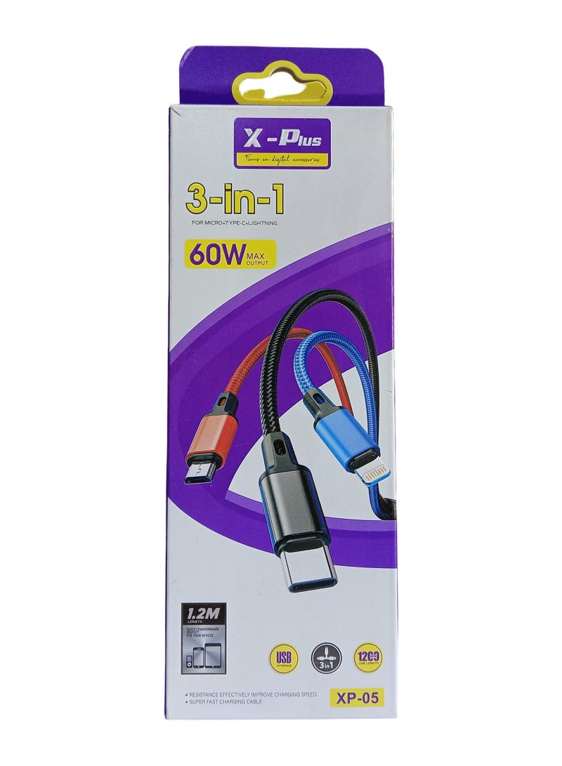 X-Plus 3 in 1 Fast Charging 60W Cable For Micro + Lightning + Type-C - Image 1
