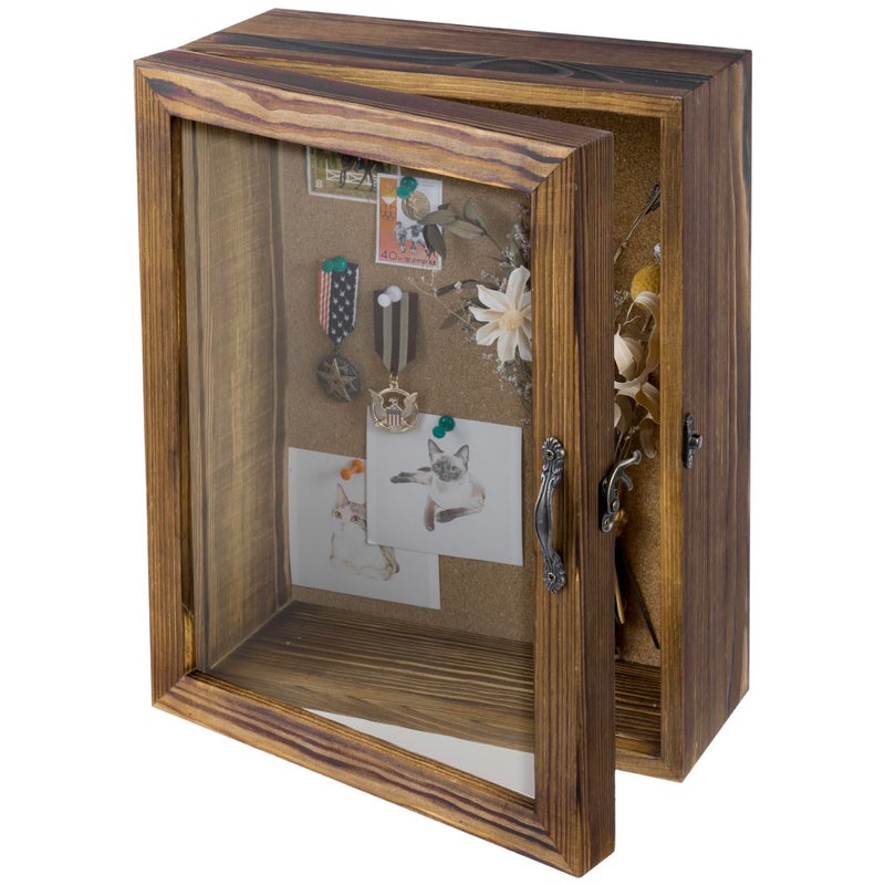 MyGift 11x14 Deep Shadow Box Frame with Cork Board Backing and Acrylic Paneled Cursive Hinged Door Rustic Burnt Wood Wall Mounted Shadow Box Display Case Cabinet - Image 2