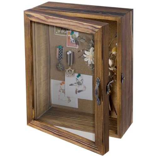 MyGift 11x14 Deep Shadow Box Frame with Cork Board Backing and Acrylic Paneled Cursive Hinged Door Rustic Burnt Wood Wall Mounted Shadow Box Display Case Cabinet - Image 1