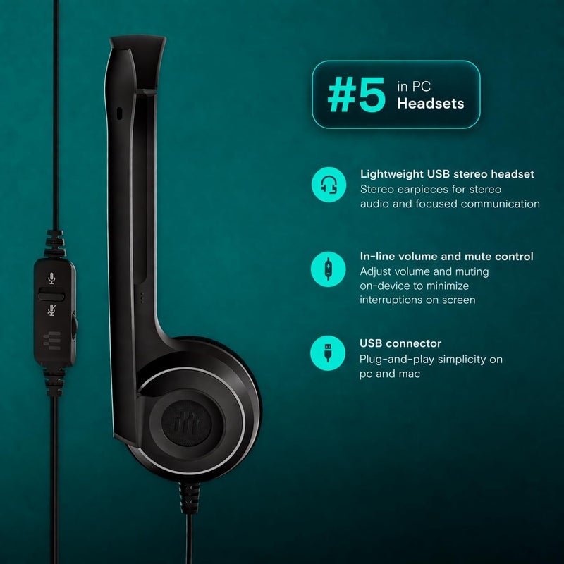 إبوس سماعة رأس ستيريو من EPOS I Sennheiser PC 8 USB توضع على الأذن مع تحكم في مستوى الصوت وكتم الصوت وميكروفون - إلغاء الضوضاء - صوت عالي الجودة - متوافقة مع الكمبيوتر المحمول والكمبيوتر الشخصي وماك - للمكالمات الهاتفية والتعليم الإلكتروني - Image 4