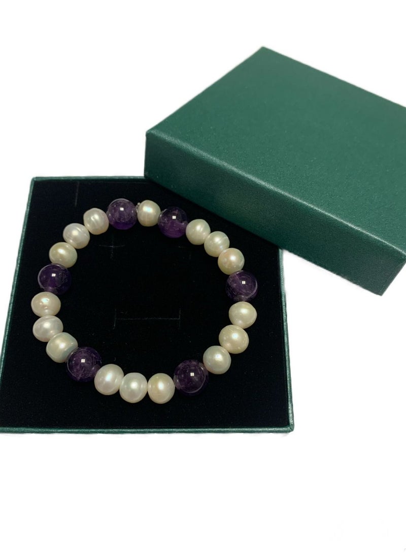 Miracle Empire - Men Bracelet Handmade Of Natural 10Mm Pearls Amethyst - Image 1